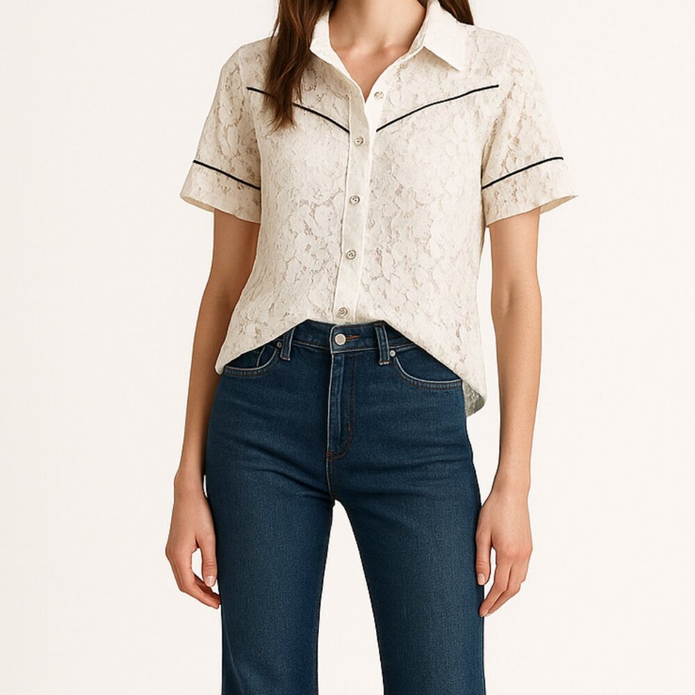Olivaceous Ivory Lace Blouse with Black Accents